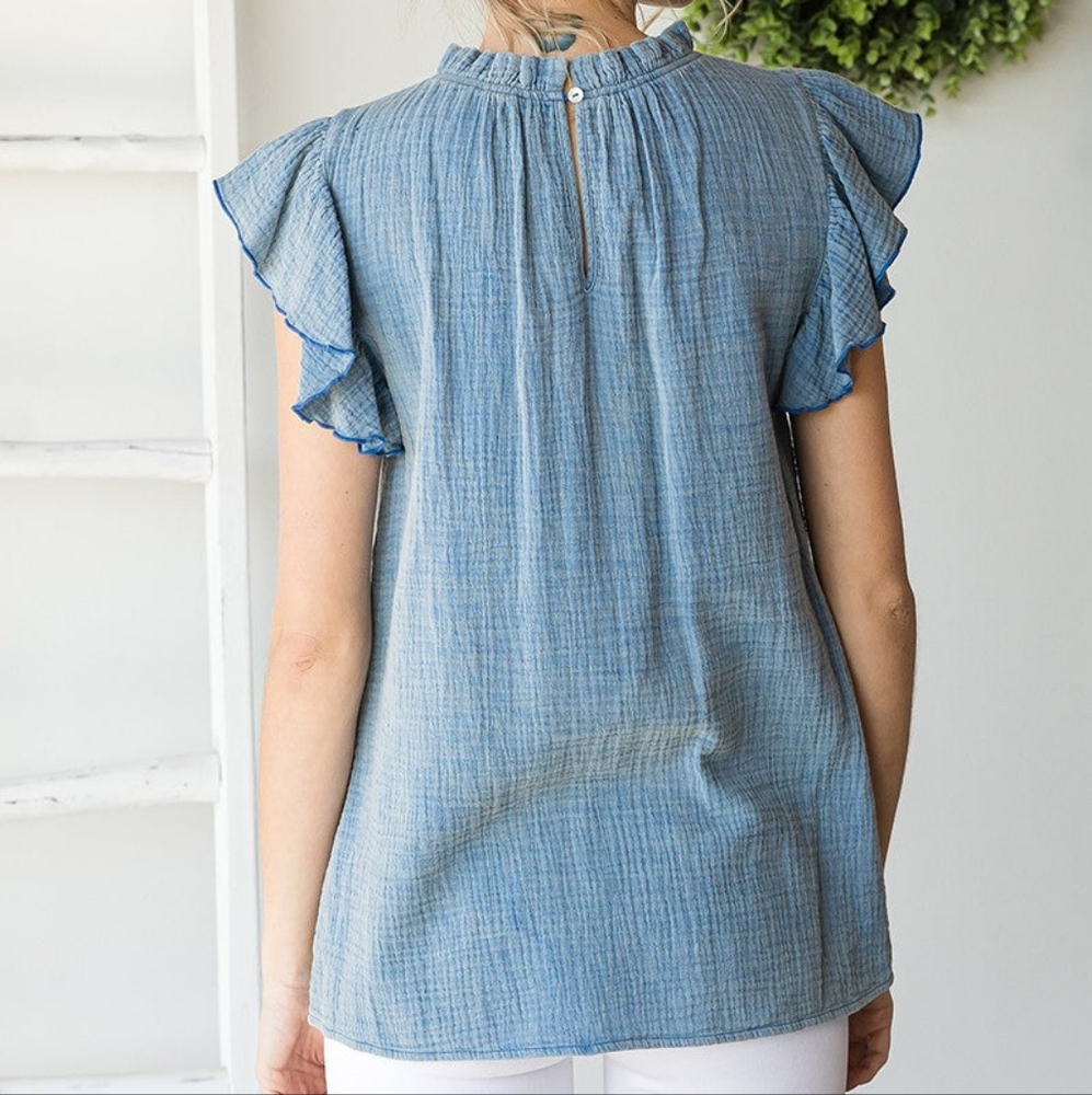 JODIFL Denim Blue Ruffle Sleeve - Picture 3 of 6
